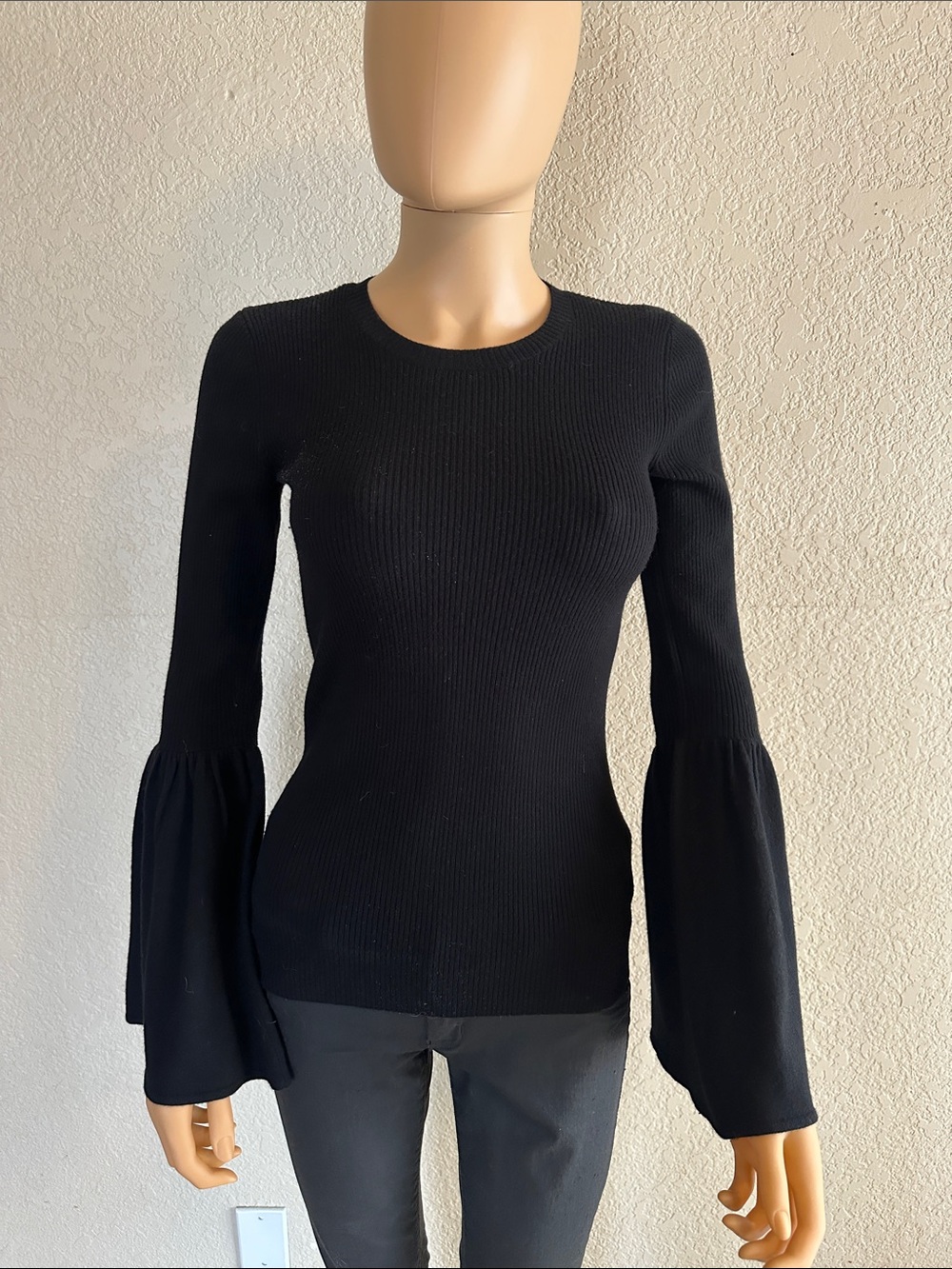 BCBGMaxAzria Black Ribbed Bell-Sleeve Sweater